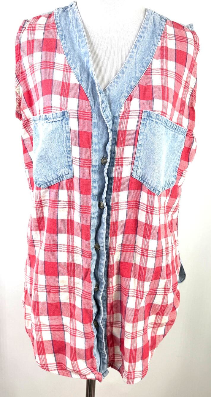 Andrew's Blues Vintage Denim Plaid Sleeveless Button Up Shirt Size Medium